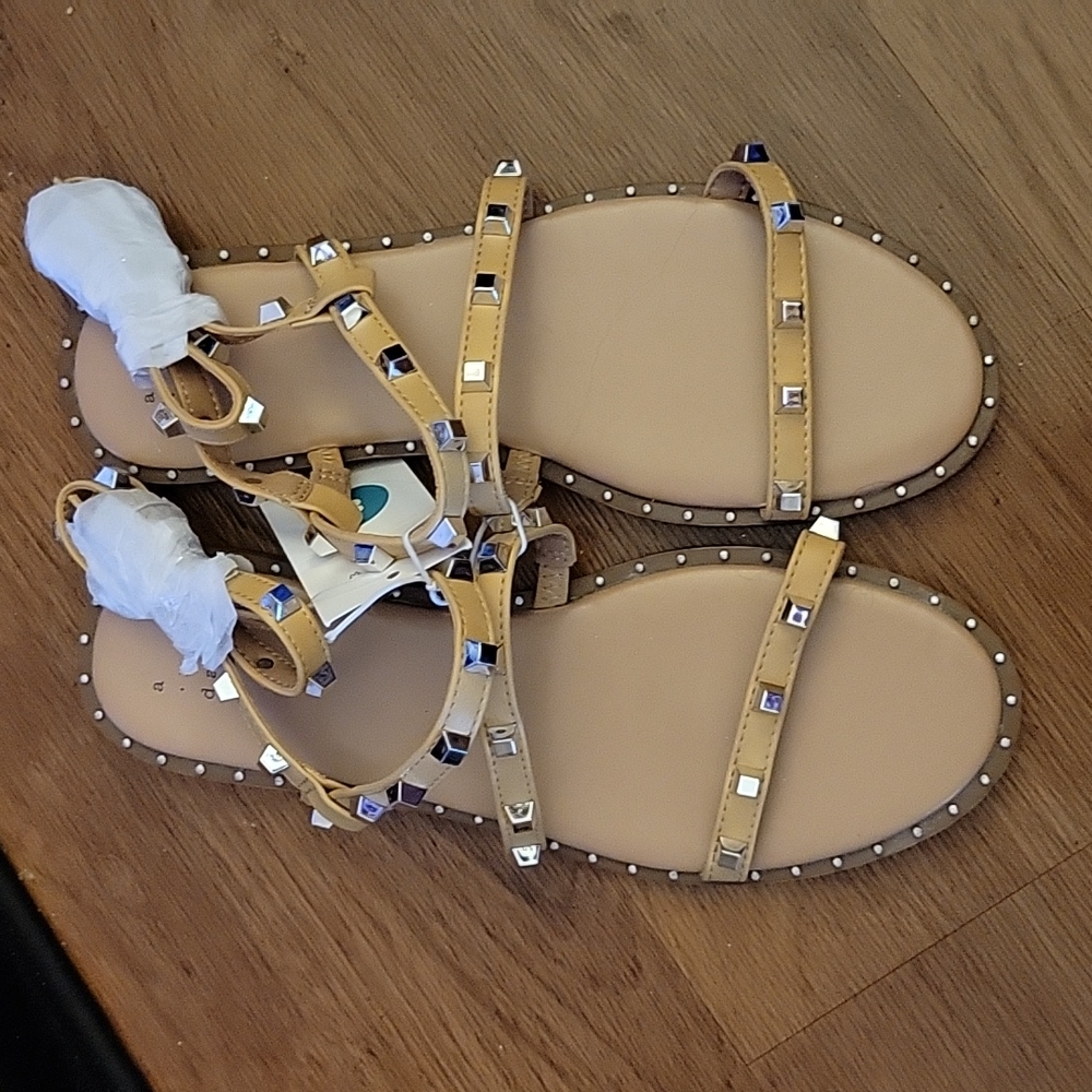 A New Day Astrid tan ankle strap sandals silver studs stacked heel New